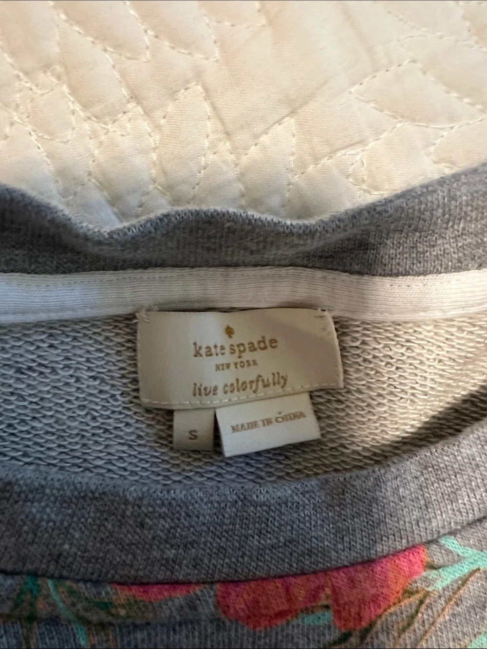 Kate Spade Gray Floral Crewneck Sweater with Pink, Red & Blue Blooms